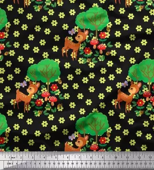 Японская креп-сатиновая ткань Soimoi с цветочным принтом, деревьями и оленями для детей, 42 дюйма по метрам 42 Inch Wide - Poly Crepe серый