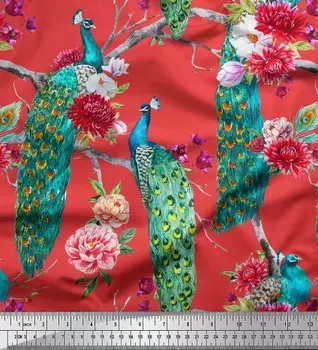 Японская креп-сатиновая ткань Soimoi с цветочным принтом и принтом птиц-павлинов, 1 ярд, 42 дюйма 42 Inch Wide - Poly Crepe жёлтый