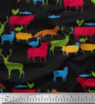 Японская креп-сатиновая ткань Soimoi с изображением птиц и животных, ткань с принтом, нарисованным вручную, на метр, 42 дюйма 42 Inch Wide - Poly Crepe чёрный