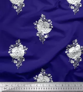 Японская креп-сатиновая ткань Soimoi с листьями и цветочным принтом, ткань по метрам, 42 дюйма 42 Inch Wide - Poly Crepe синий