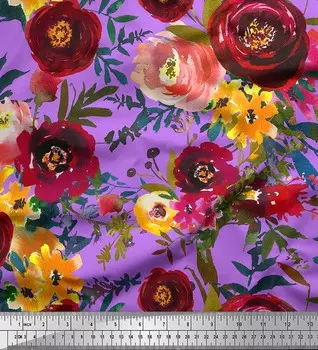 Японская креп-сатиновая ткань Soimoi с листьями, пионами и лютиками, ткань с цветочным принтом, 42 дюйма по метрам 42 Inch Wide - Poly Crepe зелёный