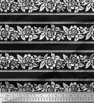 Японская креп-сатиновая ткань Soimoi с принтом в виде листьев и цветочных блоков 1 метр 42 дюйма 42 Inch Wide - Poly Crepe чёрный