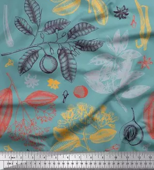 Японская креп-сатиновая ткань Soimoi с принтом фруктов, специй и листьев, 42 дюйма по метрам 42 Inch Wide - Poly Crepe синий