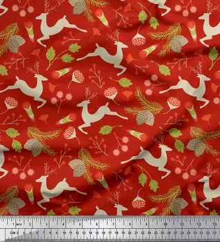 Японская креп-сатиновая ткань Soimoi с принтом листьев и оленей, 42 дюйма по метрам 42 Inch Wide - Poly Crepe красный