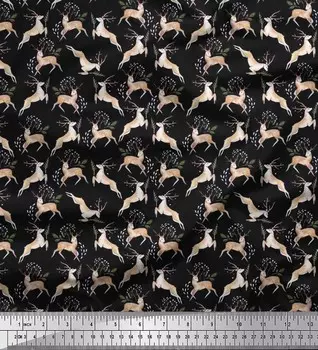 Японская креп-сатиновая ткань Soimoi с принтом листьев и оленей, 42 дюйма по метрам 42 Inch Wide - Poly Crepe синий