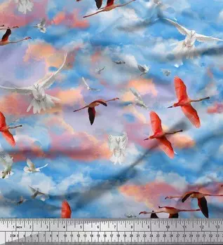 Японская креп-сатиновая ткань Soimoi с принтом летающего аиста и голубя и птицы, 42 дюйма по метрам 42 Inch Wide - Poly Crepe синий