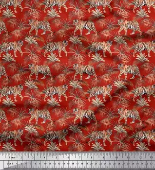 Японская креп-сатиновая ткань Soimoi с принтом «Листья и тигровые джунгли», 42 дюйма по метрам 42 Inch Wide - Poly Crepe красный