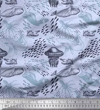 Японская креп-сатиновая ткань Soimoi с принтом осьминога, кита и медузы, океанская ткань, 1 метр, 42 дюйма 42 Inch Wide - Poly Crepe синий
