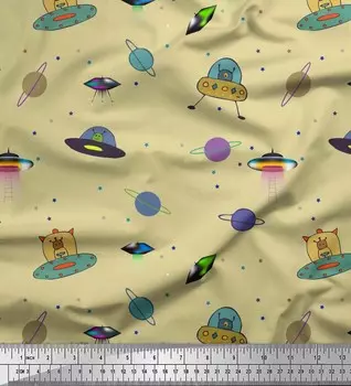 Японская креп-сатиновая ткань Soimoi, ткань для рукоделия с принтом планет, животных и космических кораблей, 42 дюйма по метрам 42 Inch Wide - Poly Crepe бежевый