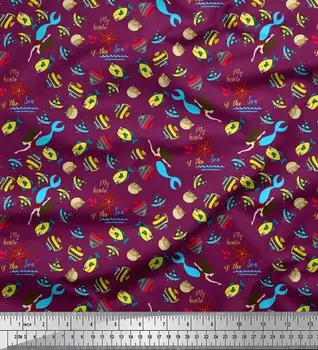 Японская креп-сатиновая ткань Soimoi, ткань с принтом рыб, русалок и морских звезд, океанская ткань по метрам, 42 дюйма 42 Inch Wide - Poly Crepe розовый