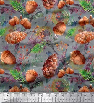 Японская креп-сатиновая ткань Soimoi, ткань с принтом абрикосов, сосновых шишек и желудей, фрукты, 1 метр 42 дюйма 42 Inch Wide - Poly Crepe синий