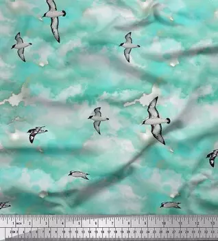 Японская креп-сатиновая ткань Soimoi, ткань с принтом неба и летящей быстрой птицы, 42 дюйма по метрам 42 Inch Wide - Poly Crepe зелёный