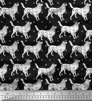 Японская креп-сатиновая ткань Soimoi, ткань с принтом в виде лап и собак колли, 1 метр, 42 дюйма 42 Inch Wide - Poly Crepe зелёный