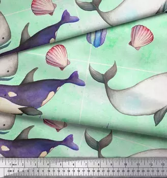 Японская креп-сатиновая ткань Soimoi, ткань с принтом в виде ракушек и китовых рыб и океана, 42 дюйма по метрам 42 Inch Wide - Poly Crepe зелёный