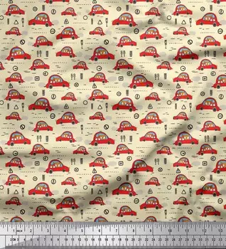 Японская креп-сатиновая ткань Soimoi, ткань с мультяшным принтом автомобиля и совы, 42 дюйма по метрам 42 Inch Wide - Poly Crepe белый