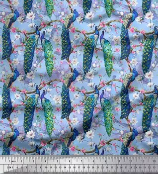 Японская креп-сатиновая ткань Soimoi, ткань с принтом ветвей, цветов и павлинов и птиц, 42 дюйма по метрам 42 Inch Wide - Poly Crepe синий