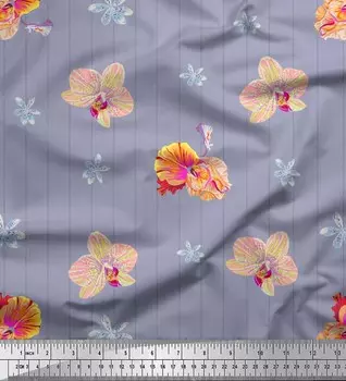 Японская креп-сатиновая ткань Soimoi в полоску, полевые цветы и орхидеи с цветочным принтом, 42 дюйма по метрам 42 Inch Wide - Poly Crepe фиолетовый