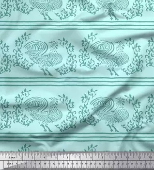 Японская креп-сатиновая ткань Soimoi в полоску, листья и курица с принтом, ткань для рукоделия по метрам, 42 дюйма 42 Inch Wide - Poly Crepe синий