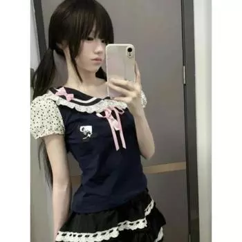 Японская кружевная футболка Y2k, женская кавайная футболка с рисунком и вышивкой в стиле Харадзюку, модные повседневные топы с бантом, милые футболки Camisetas S синий