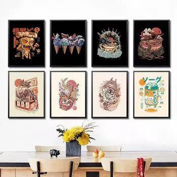 Японская кухня Ламианская лапша Холст Картина Пицца Мороженое Печать плакатов Абстрактная настенная художественная картина 21cm30cm NoFrame