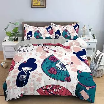 Японская кукла пододеяльник King Queen Lucky Cat Fan комплект постельного белья для детей и девочек азиатская японская культура 23 шт полиэстер пододеяльник 70x133cm 2pcs