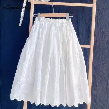 Японская летняя женская белая юбка Mori Girl с высокой талией и цветочным принтом, элегантная юбка из хлопка с вышивкой, женская вечерние юбка феи S белый
