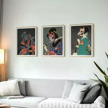 Японская маска Искусство Плакат Винтаж Гейша Традиционная Картина на холсте Восточная Японская Выставка Путешествий Настенные Картины Декор Комнаты 21x30cm No Framed