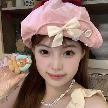 Японская милая кепка-берет с бантом и пуговицами, летняя тонкая универсальная маленькая ретро-шляпа художника восьмиугольной формы 56-58cm розовый