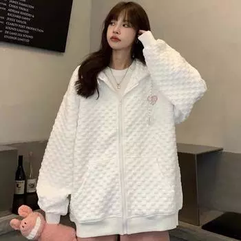 Японская милая осень-зима JK Style толстовки женские новые свободные ретро студенческие вафельные куртки женские на молнии свитшот топ US M белый