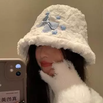 Японская милая плюшевая шляпа рыбака со звездой и бантом для детей, осенне-зимняя, для студентов, теплая универсальная шляпа для таза, показывающая маленькое лицо M56-58cm