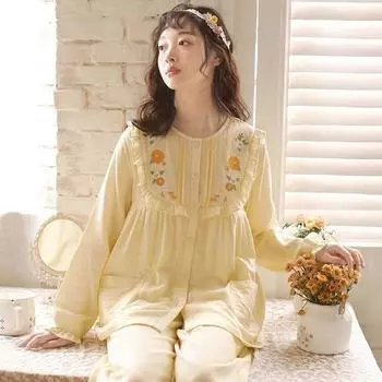 Японская милая принцесса вышитая домашняя одежда женская пижама с длинным рукавом весна осень чистый хлопковый марлевый тонкий домашний комплект M