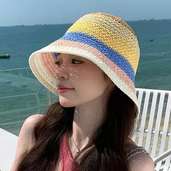 Японская милая радужная соломенная шляпа с красочным краем, большая плетеная из травы шляпа рыбака, пляжная шляпа-зонтик, шляпа-ведро для воды 56-58cm
