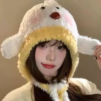Японская милая румяная маленькая желтая плюшевая шапка с уткой, женская зимняя теплая шапка с ремешком на шее, маленькая шапка Lei Feng M (56-58cm) Blush Duckling белый