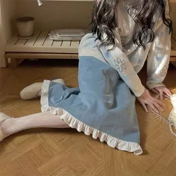 Японская милая винтажная вельветовая юбка-миди, женская кавайная юбка с высокой талией и рюшами в стиле пэчворк, мягкие юбки с разрезом для девочек, осень-зима S синий