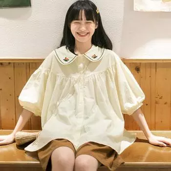 Японская милая женская рубашка с пышными рукавами, однотонный дизайн с вышивкой, воротник Питера Пэна, женская блузка с короткими рукавами, летняя свободная универсальная блузка S