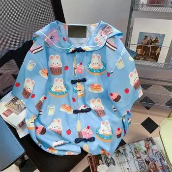 Японская милая женская рубашка с воротником Питера Пэна, летняя свободная женская блузка с принтом, корейский дизайн на пуговицах, кардиган, топ Blusas