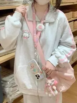 Японская мода Kawaii молния толстовка с капюшоном комплект для женщин Harajuku милый розовый кот вышивка большой размер толстовка с капюшоном комплект S серый