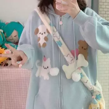 Японская мода Kawaii молния вязаный кардиган женский Y2k Harajuku милый кошачий принт свободный свитер с капюшоном мягкий для девочек S синий