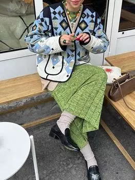 Японская мода принтованный двусторонний пиджак карман осень ретро пэчворк V-образный вырез одежда шикарный женский новый длинный рукав повседневный элегантный пальто S белый/синий