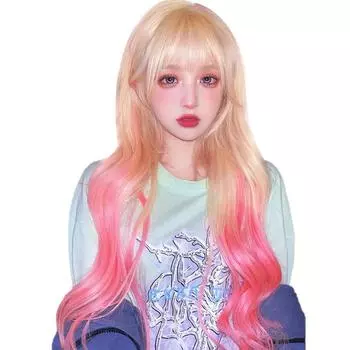 Японская мода темперамент золото постепенное изменение порошок длинные вьющиеся волосы с товарами большая волна парик женщины полный головной убор