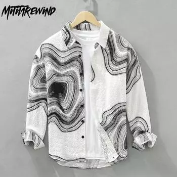 Японская модная рубашка с принтом для мужчин, молодежные свободные повседневные рубашки с квадратным воротником, топ с длинными рукавами, весенне-осенняя мужская одежда M белый