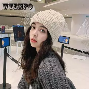 Японская модная шерстяная шапка с жемчугом, женская модная универсальная вязаная шапка, осенне-зимняя защита от холода, бархатная теплая шапка S