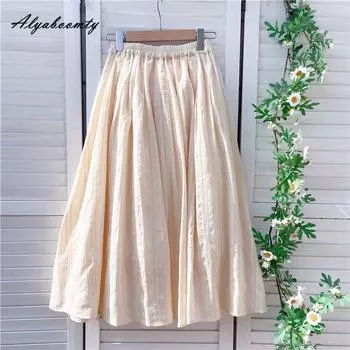 Японская мори девушка весна лето женская абрикосовая юбка с высокой талией жаккардовая хлопковая мягкая юбка элегантная однотонная миди повседневная свободная юбка S