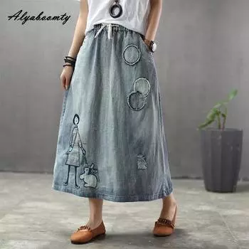 Японская мори девушка, весна-осень, женская джинсовая юбка трапециевидной формы с высокой талией, винтажная юбка с мультяшной аппликацией, элегантная рваная шикарная юбка L темно-синий