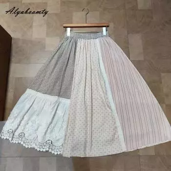 Японская Mori Girl Весна Лето Женская юбка миди Высокая талия Контрастный цвет пэчворк ретро юбка хлопковая вышивка кружево Vintgae юбки One Size