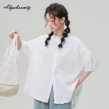 Японская Mori Girl весна-лето женская белая блузка с воротником-стойкой, свободная хлопковая льняная рубашка с рукавами-фонариками, мешковатая базовая блузка One Size белый