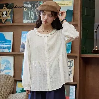 Японская Mori Girl весна осень женская свободная блузка с круглым вырезом свободного покроя хлопковая рубашка ажурная милая блузка One Size