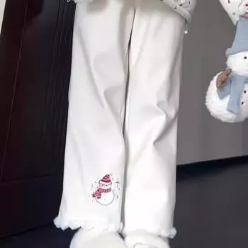 Японская мягкая девушка милый маленький снеговик свободные широкие штанины осень и зима утолщенные повседневные свободные брюки S белый