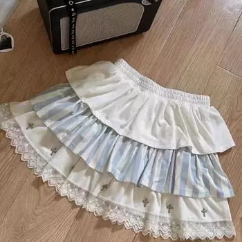 Японская мягкая милая юбка в полоску для девочек Rivet Kawaii Cake Cross Короткая юбка Y2k кружева Тонкий модный дизайн Пышные юбки Повседневная S синий