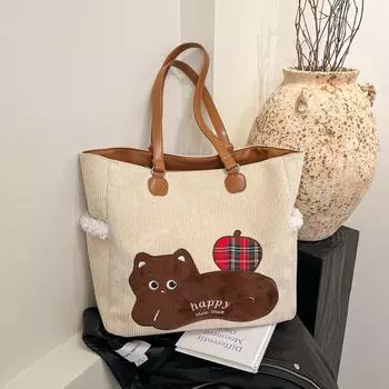 Японская мягкая симпатичная сумка из холста и вельвета с вышивкой в виде кролика для девочек 33*15*31 коричневый